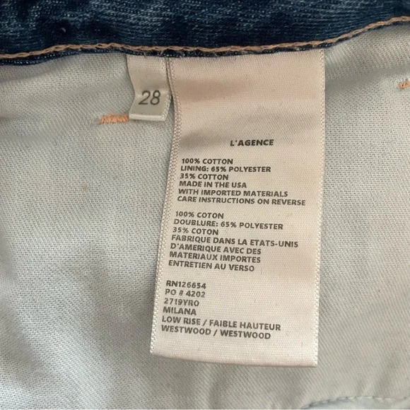 L'AGENCE Milana Westwood Blue Raw Hem Straight Leg Low Rise Stovepipe Jeans 28
